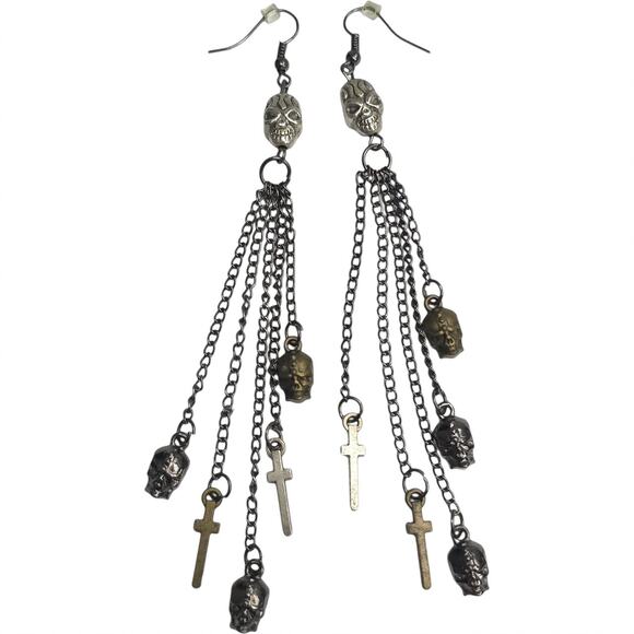 Skeleton Skull Cross Silver Tone Dangle Tassel Earrings Day of Dead Gothic - Picture 7 of 7